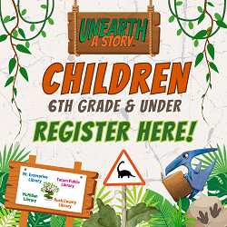 Jungle themed graphic with the words "Children 6th Grade & Under - Register Here"